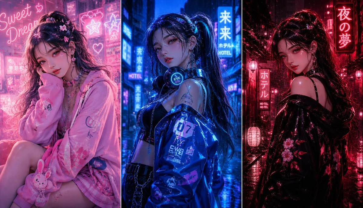 Three-Panel Neon K-Pop Fashion Collage