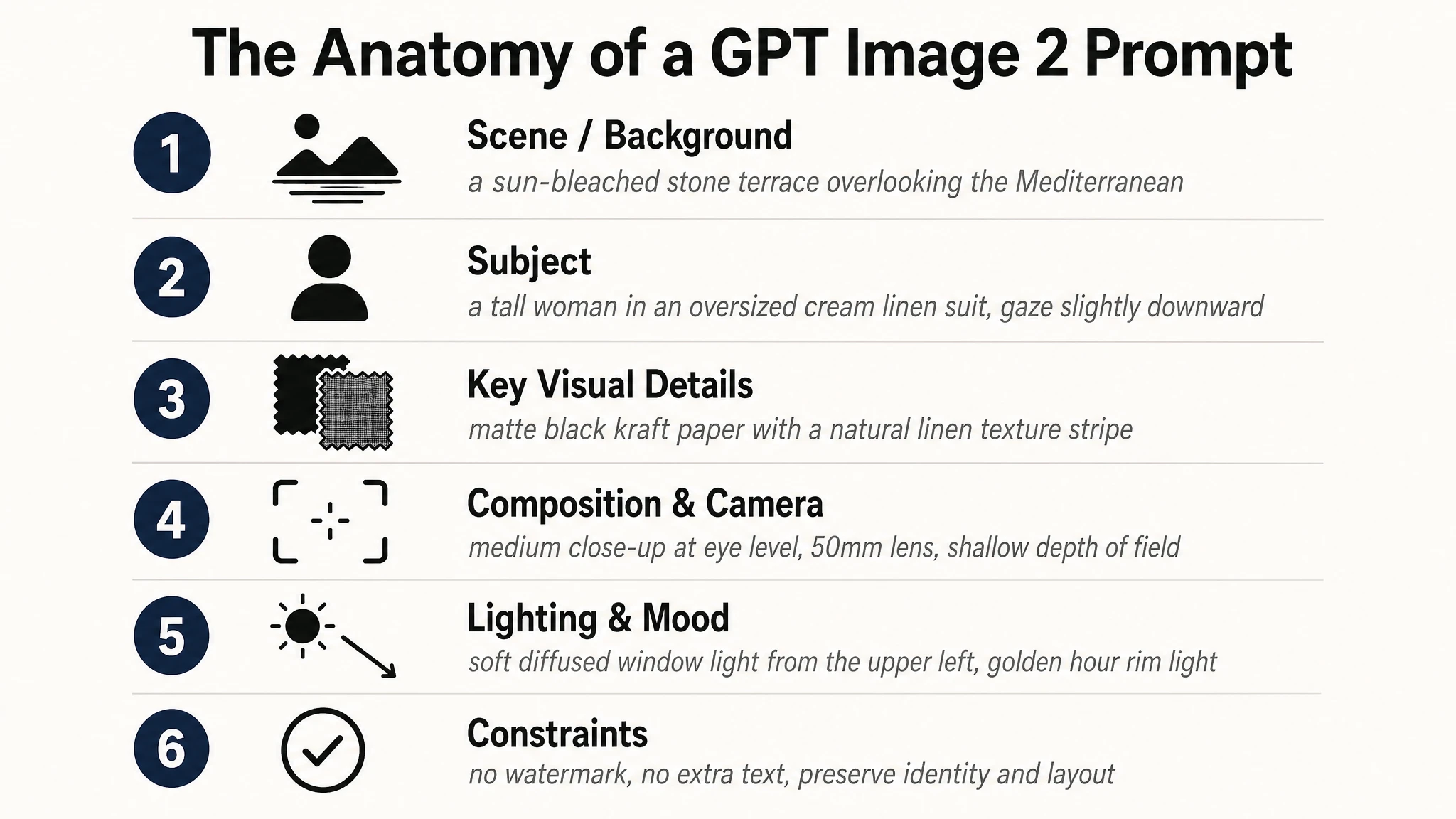 GPT Image 2 prompt anatomy diagram — scene, subject, details, composition, lighting, constraints