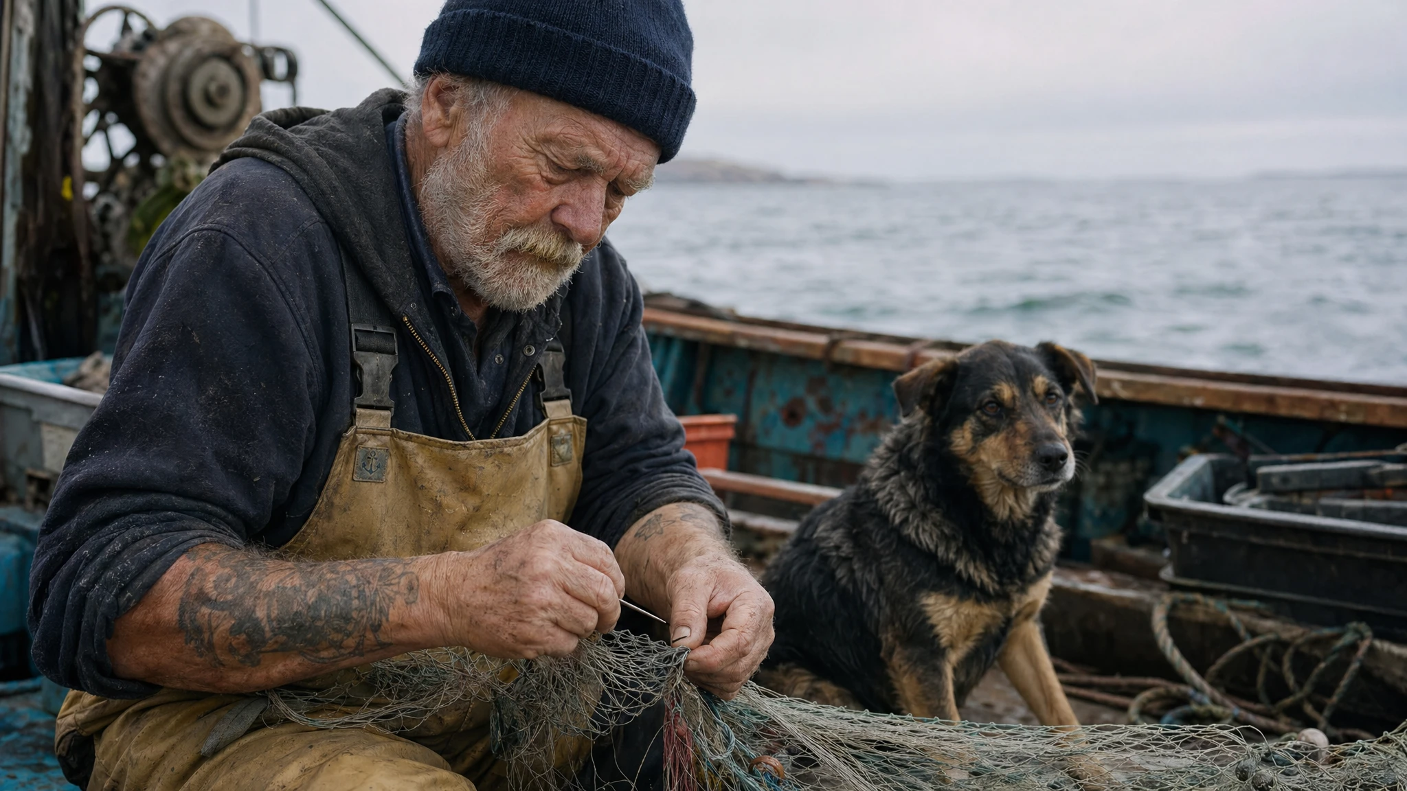 GPT Image 2 photorealistic candid — elderly sailor on a fishing boat, weathered skin, available daylight