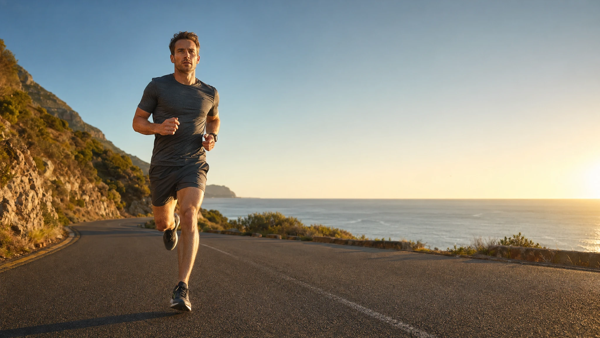 GPT Image 2 composition control — runner on a coastal road, low-angle, golden hour key light, negative space on the right