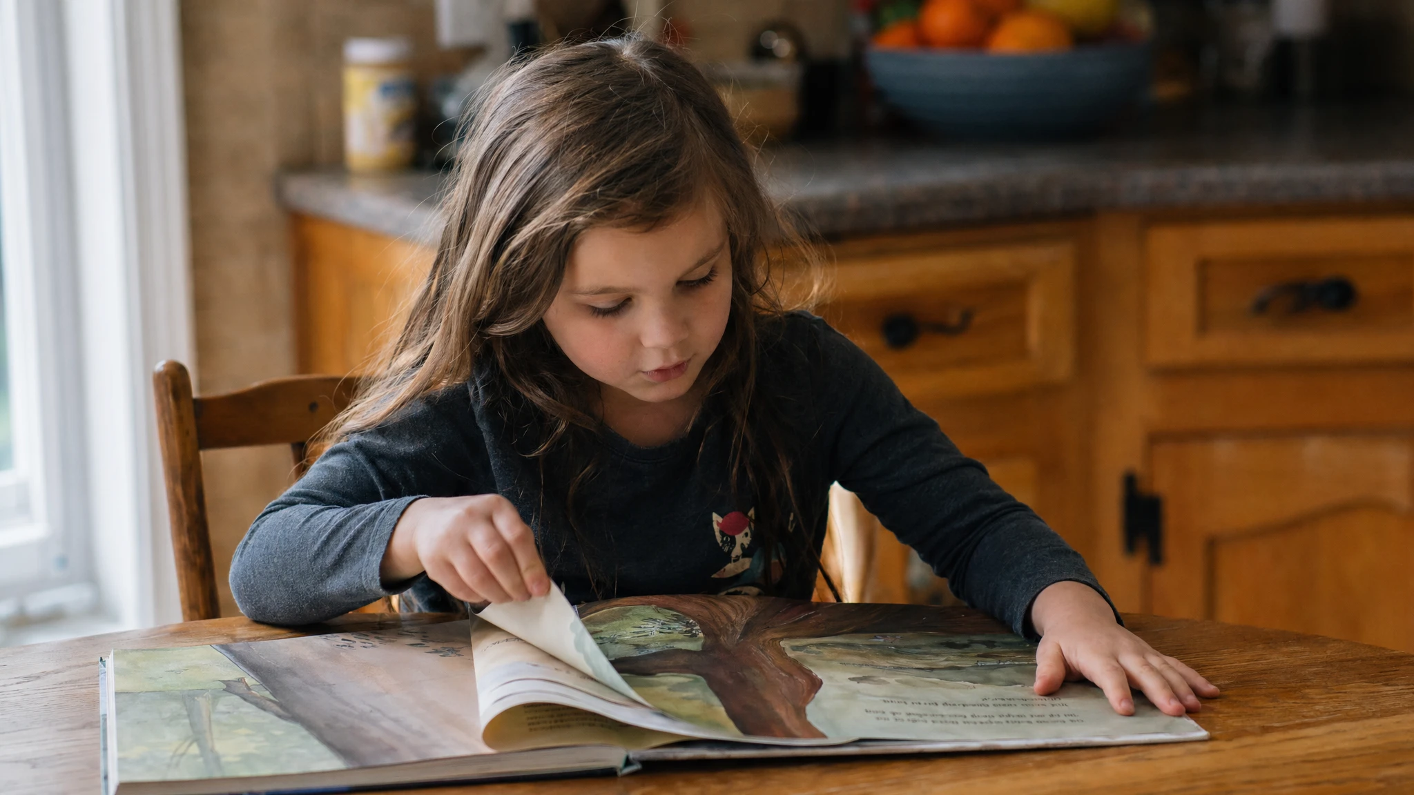 GPT Image 2 people prompting — child reading at a kitchen table, scale and gaze explicitly described