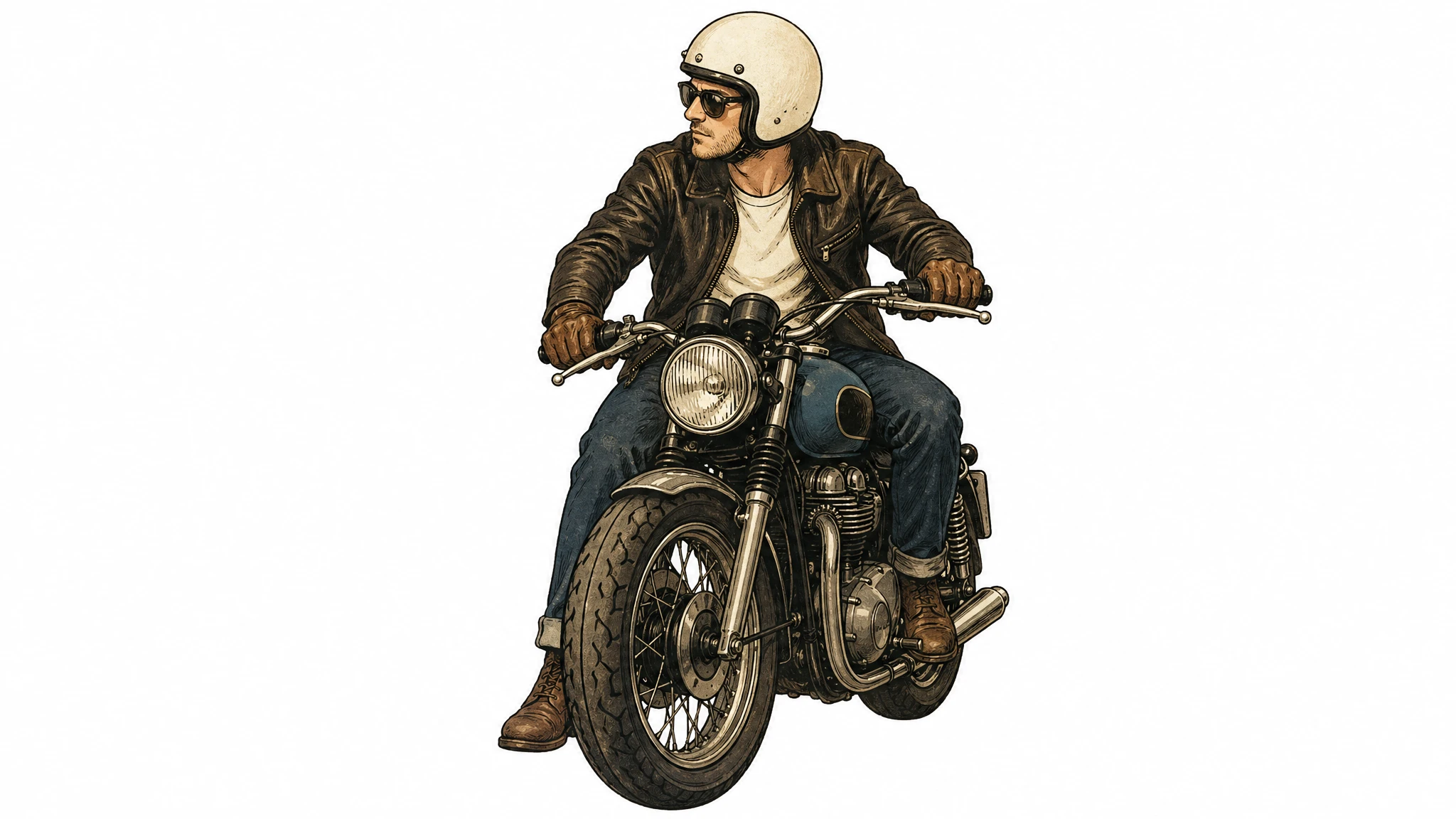 GPT Image 2 style transfer — reference illustration style applied to a new subject (a man on a motorcycle)