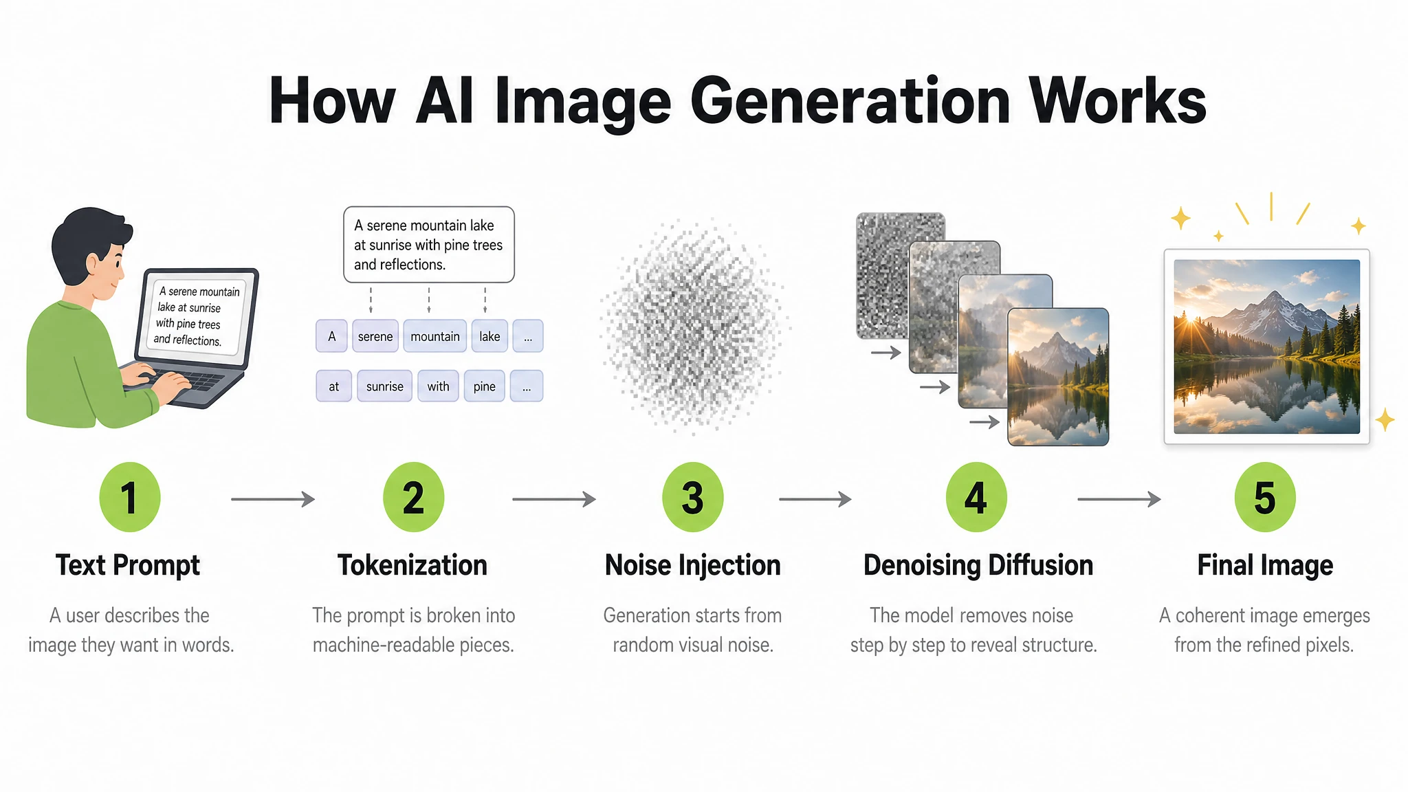 GPT Image 2 educational infographic explaining how AI image generation works in 5 steps