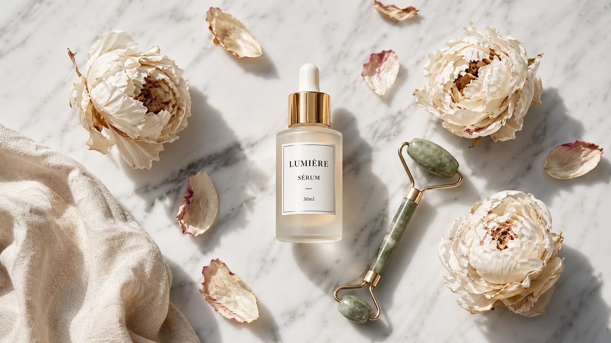 GPT Image 2 product photography — skincare flat lay with readable label text and glass highlights