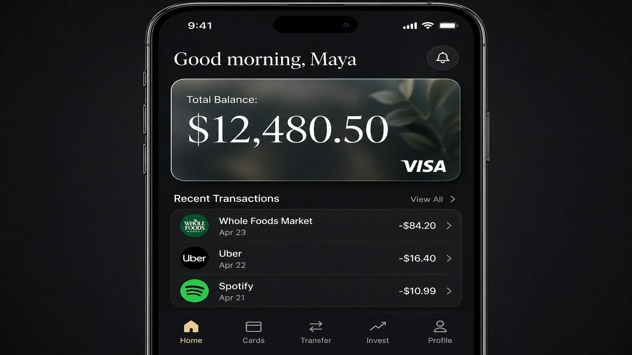 GPT Image 2 UI mockup — mobile banking app dashboard with balance, transactions, and nav bar