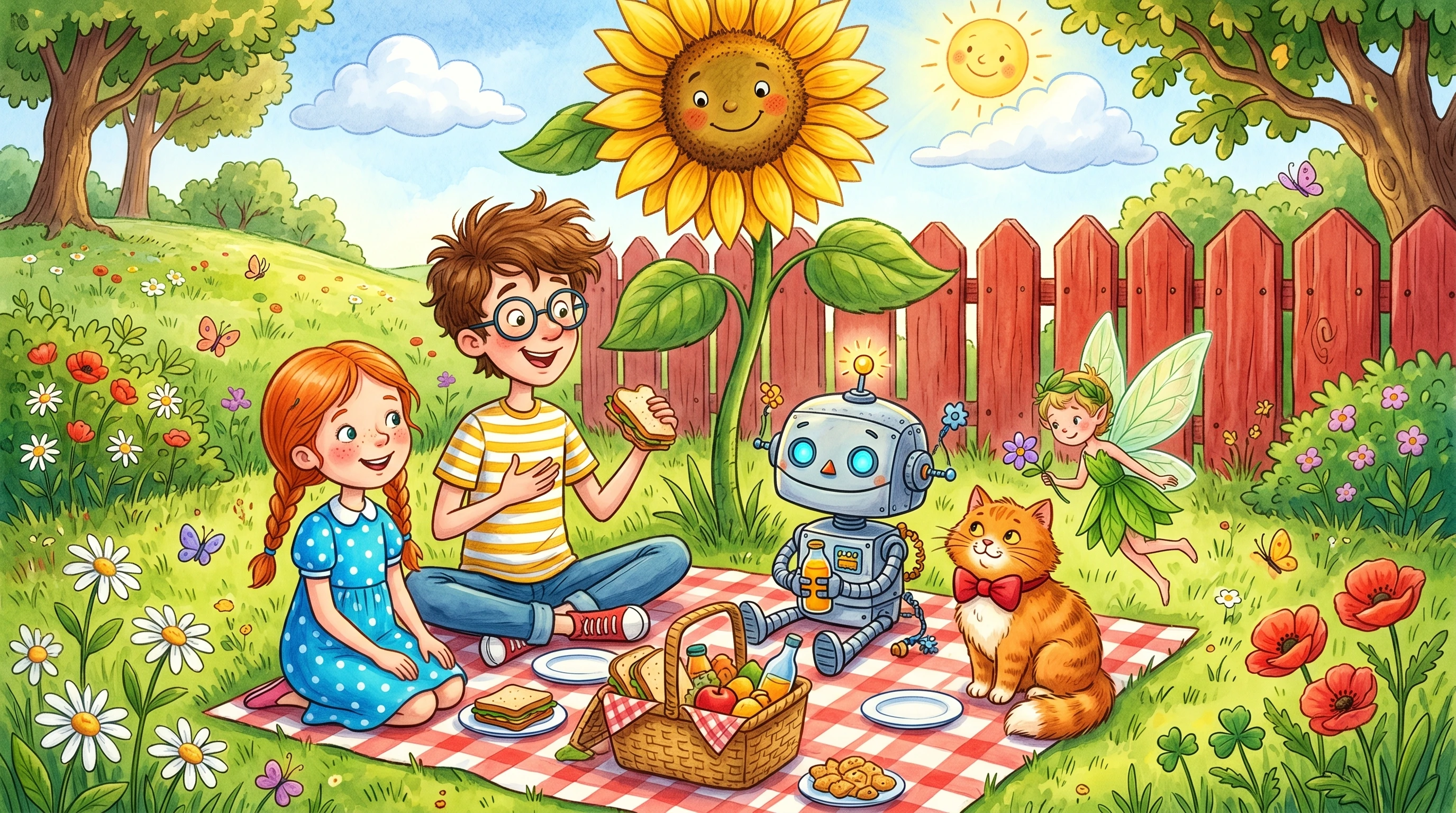Nano Banana 2 five-character ensemble scene — head-to-head test image