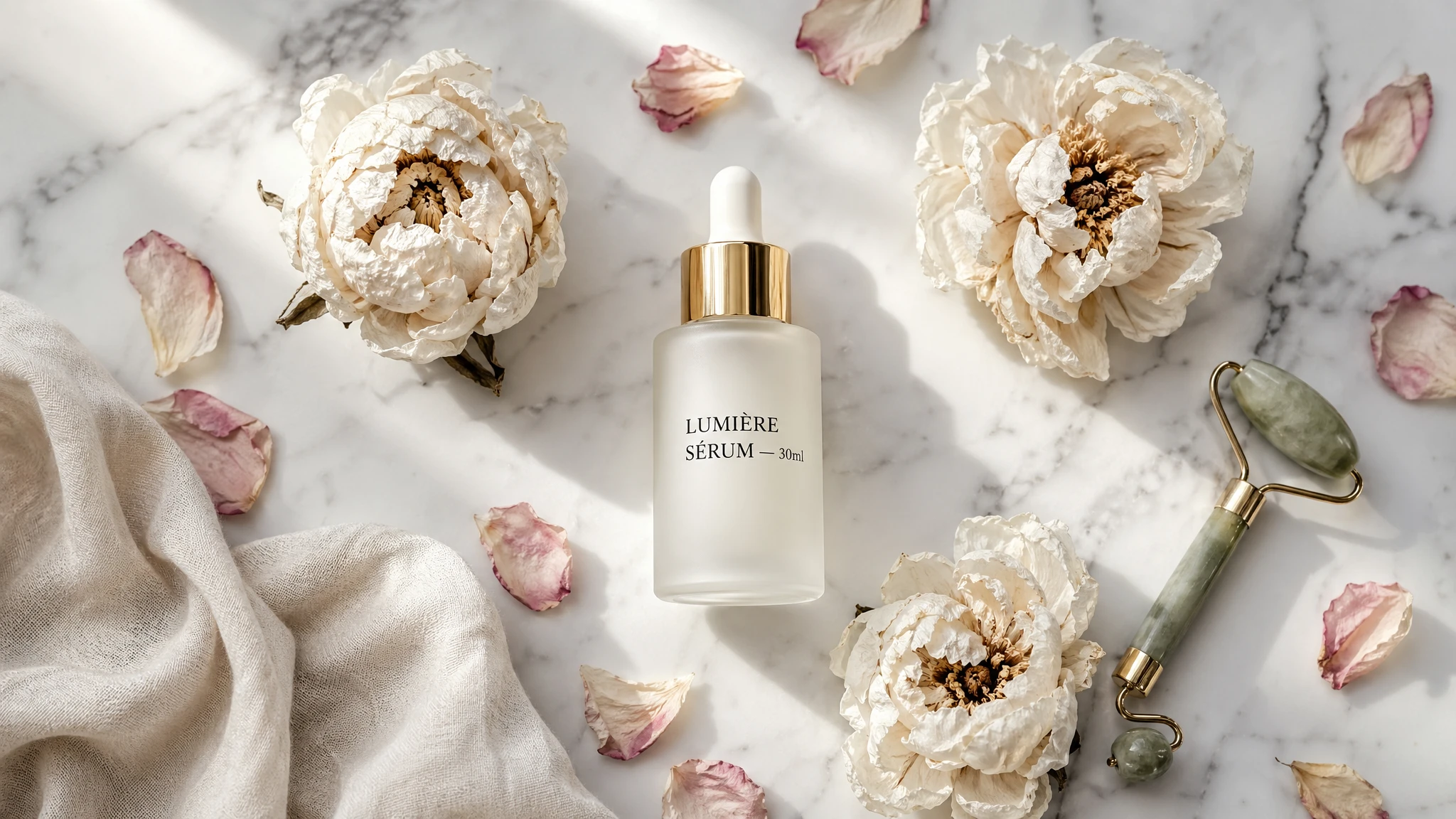 GPT Image 2 skincare product flat lay with frosted glass bottle, accurate label text, soft window light