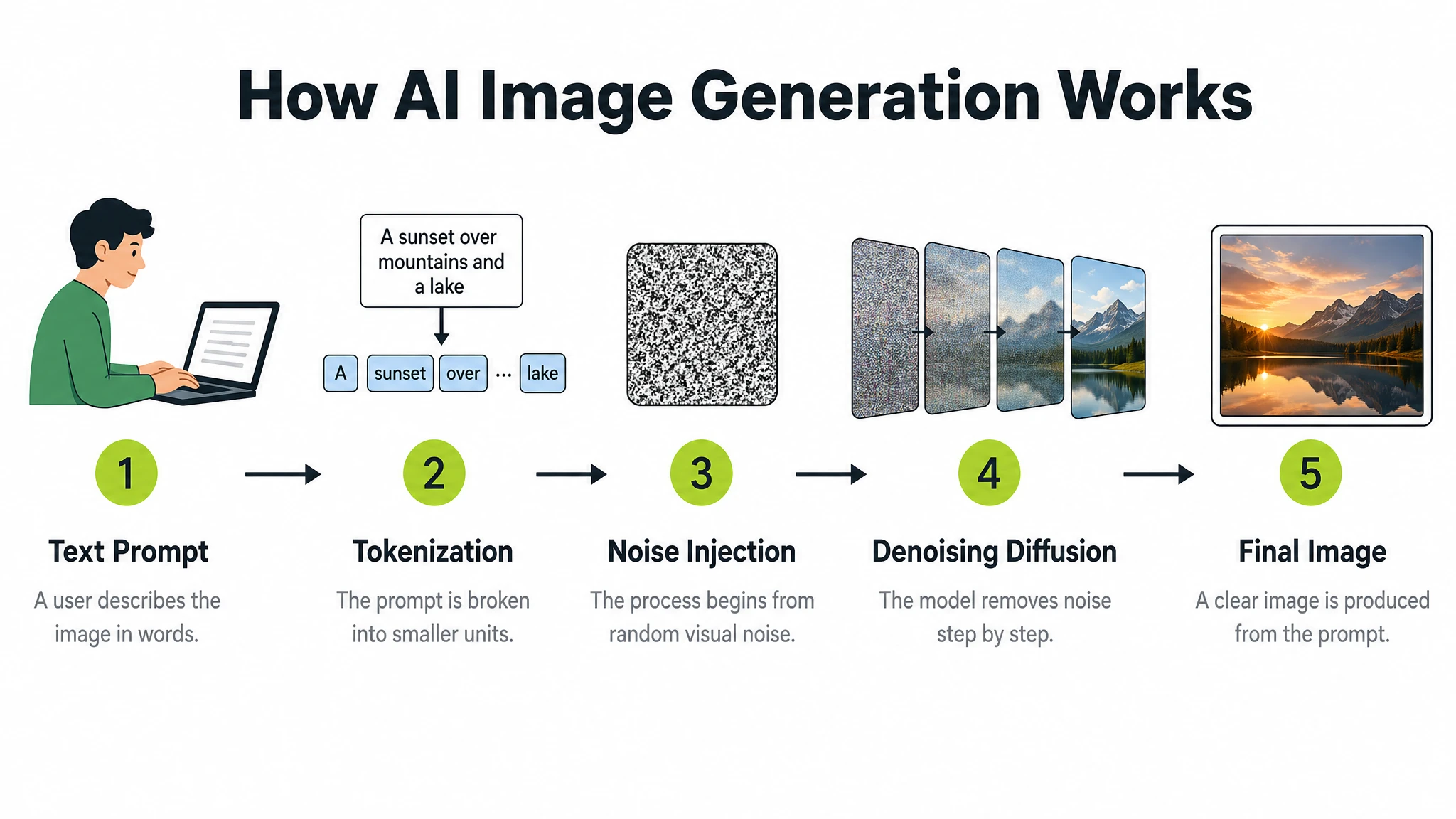 GPT Image 2 educational infographic — five steps explaining how AI image generation works
