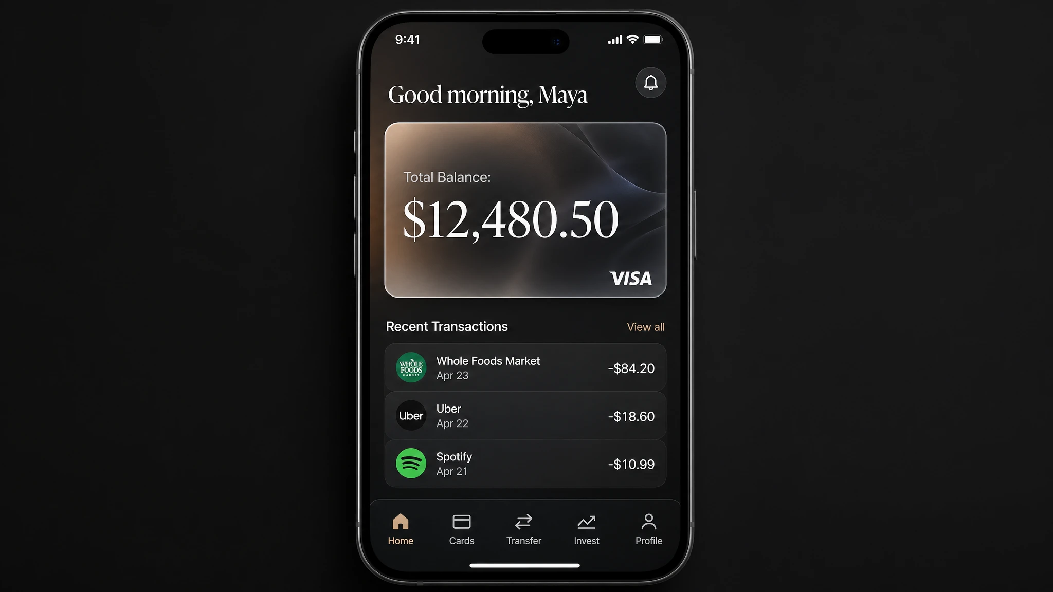 GPT Image 2 mobile banking app UI mockup — dashboard with balance card, transactions, navigation bar