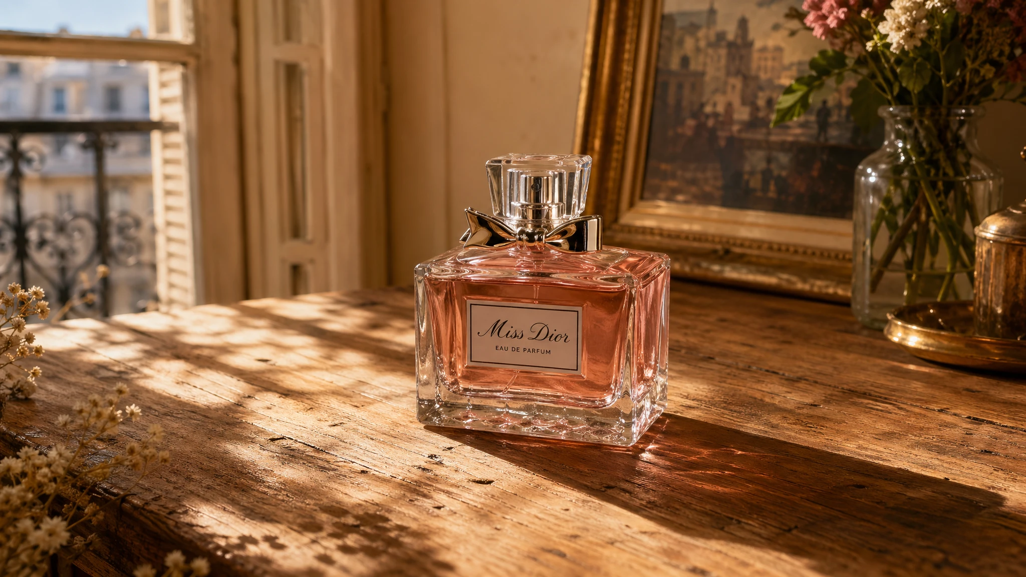 GPT Image 2 natural-language edit — perfume bottle moved from white studio to rustic wood table via text instruction