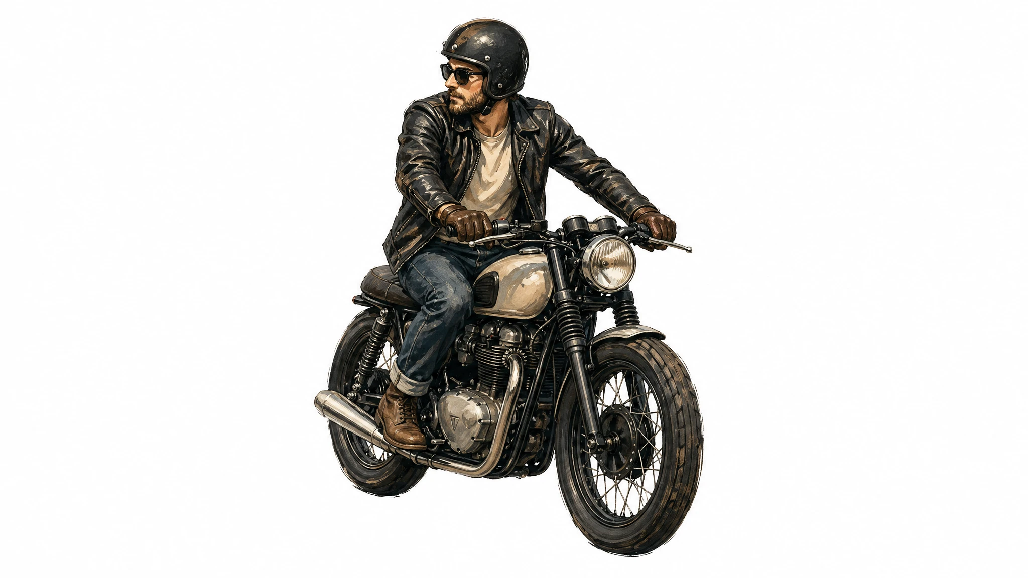 GPT Image 2 style transfer — reference watercolor style applied to a new subject (a motorcyclist on a white background)