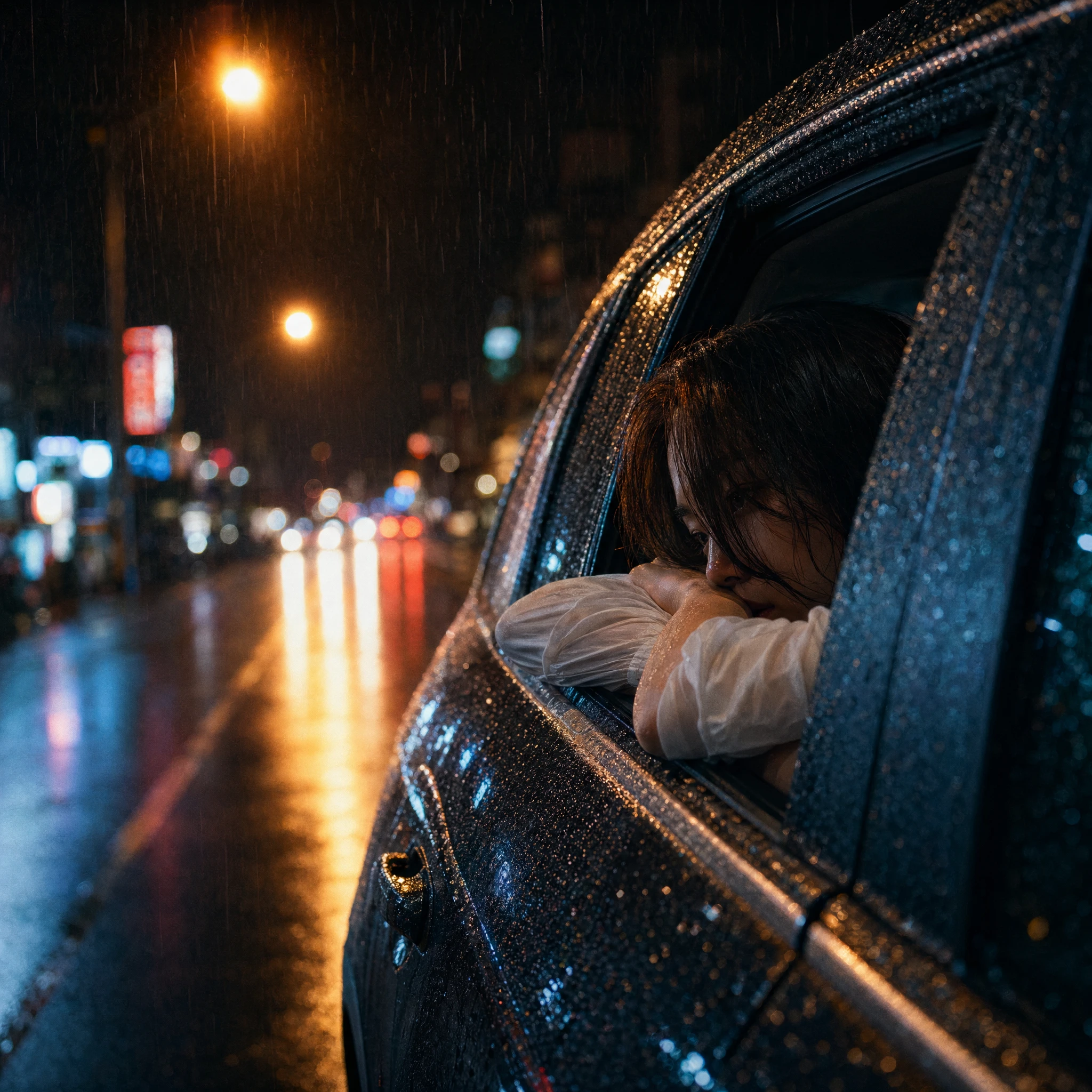 Profile / Avatar - Rainy Night Woman Leaning from Car