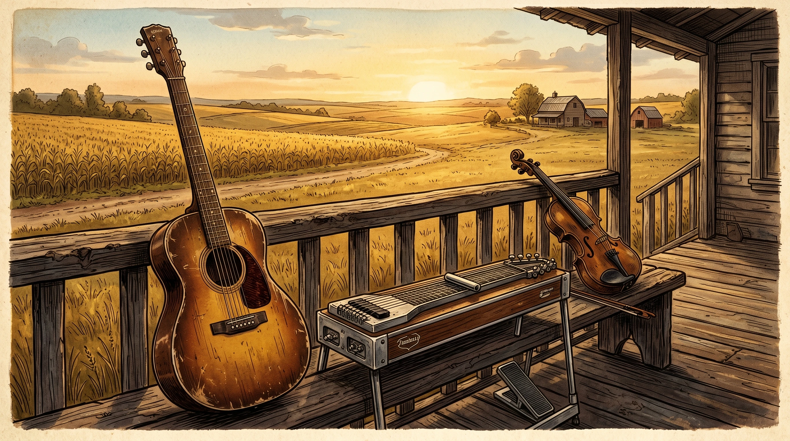 غيتار أكوستيك، pedal steel، وكمان